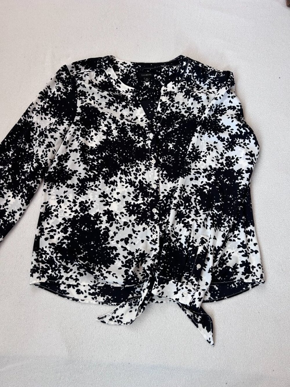 Talbots Black & White Floral Tie-Front Blouse | Women's Long Sleeve